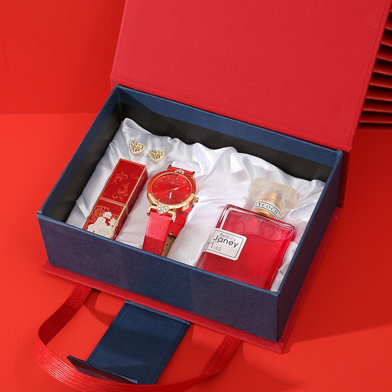Exclusive Watch Lipstick Perfume Gift Box — Suit — Size Red Gift Box — Front View