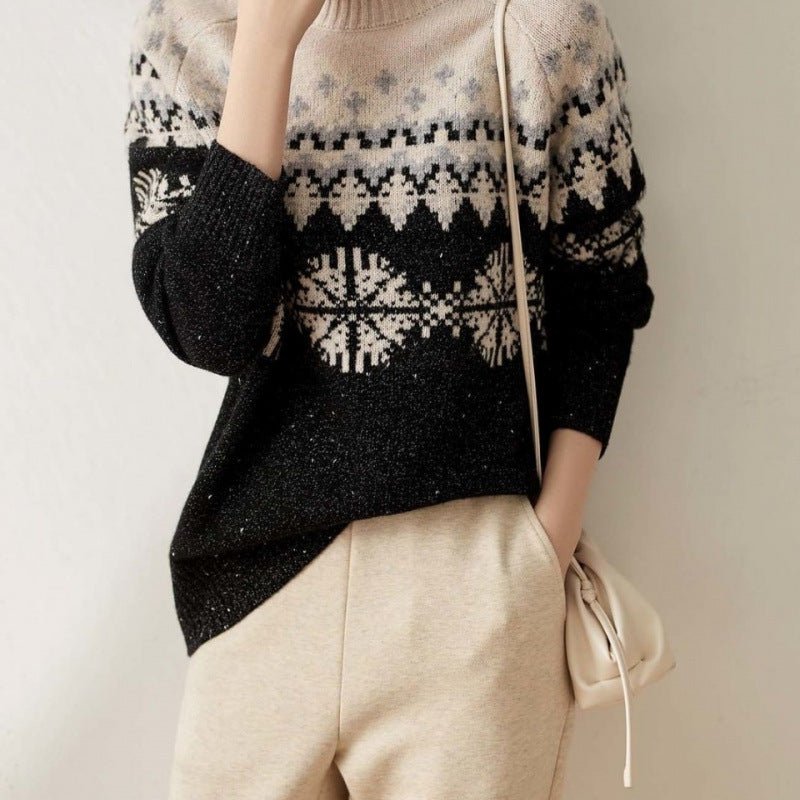 Exclusive Knitted Snowflake Retro Loose Sweater — Black under white — Size M — Back View
