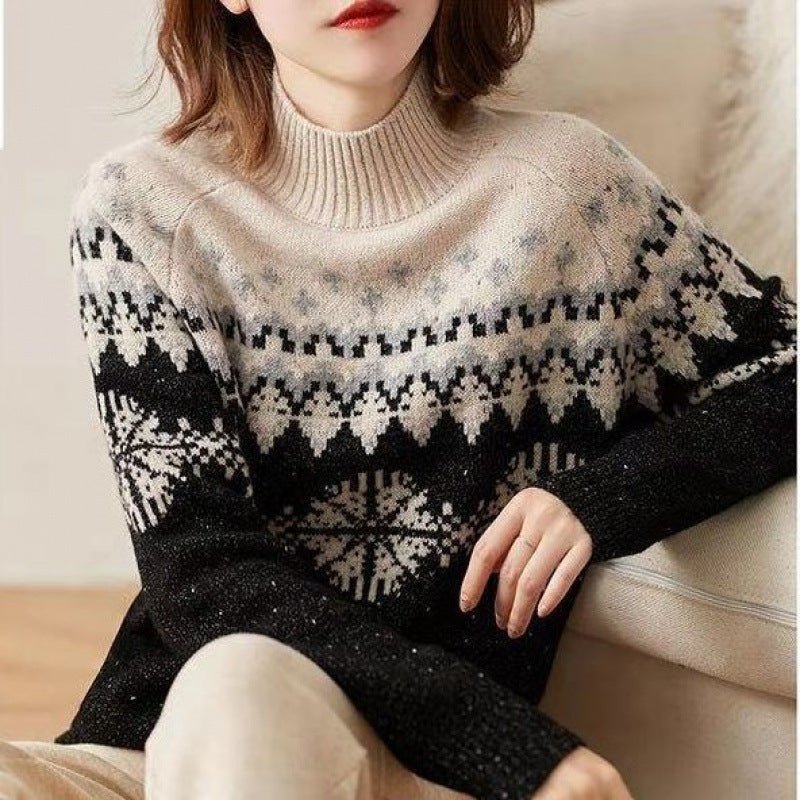 Exclusive Knitted Snowflake Retro Loose Sweater — Black under white — Size M — Side View