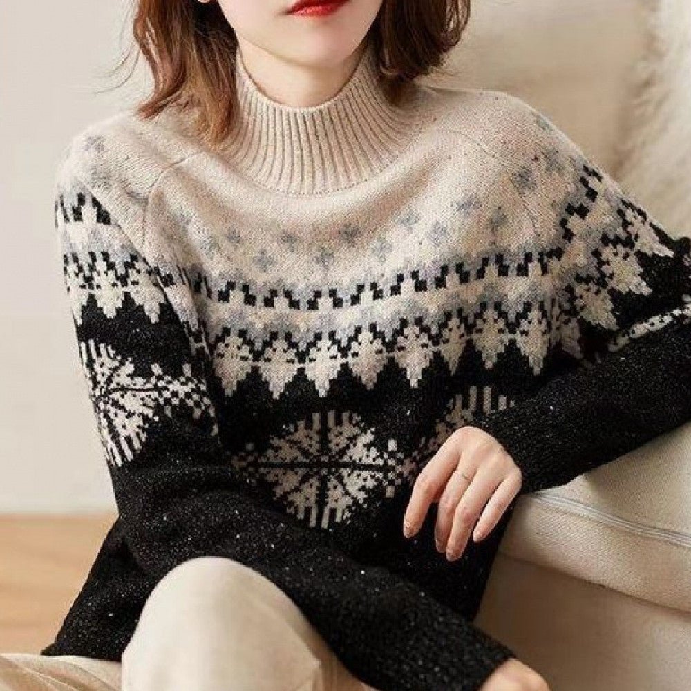 Exclusive Knitted Snowflake Retro Loose Sweater — Black under white — Size M — Front View