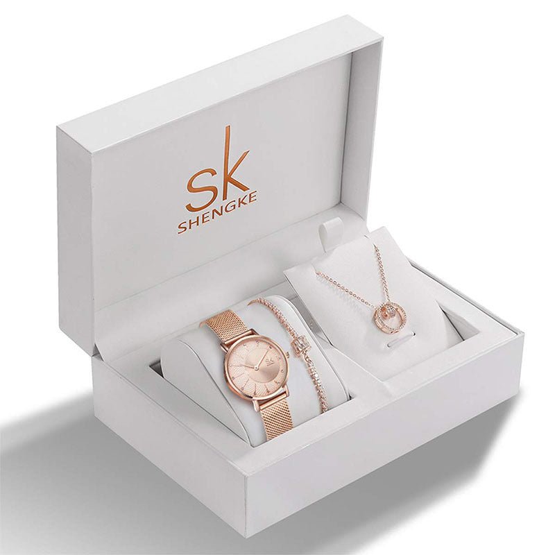Exclusive Ladies Rhinestone Jewelry Set | Bracelet Necklace Watch — 1 Style — Top View