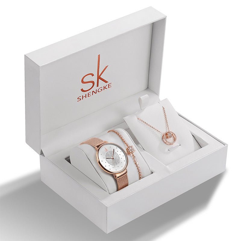 Exclusive Ladies Rhinestone Jewelry Set | Bracelet Necklace Watch — 1 Style — Back View