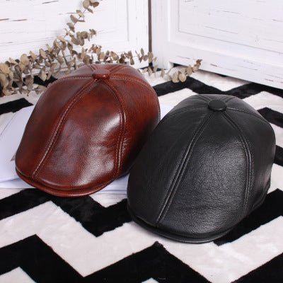 Exclusive Leather beret thin ladies hat — Black — Front View