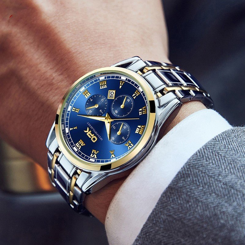 Exclusive Luminous Quartz Watch For Men — Black Men With Steel Belt — Front View