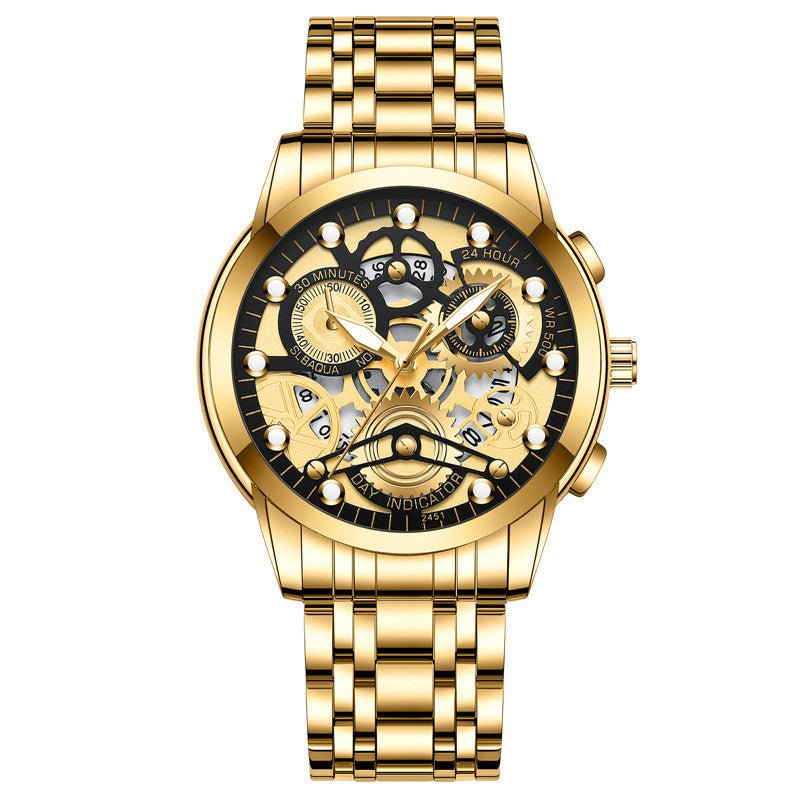 Exclusive Men's Hollow Non-mechanical Business Watch — Pure Black — Back View