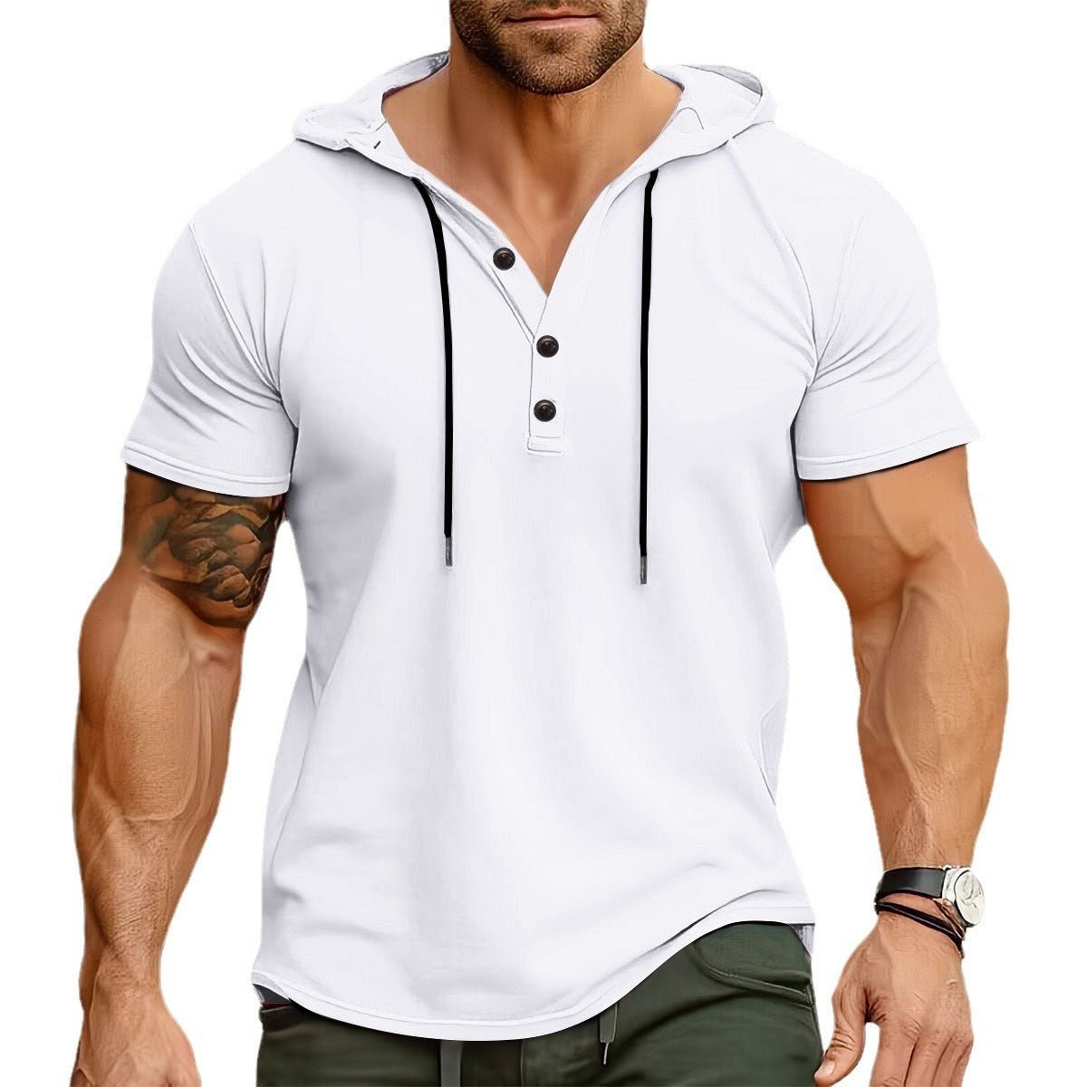 Exclusive Men's Sports Fitness Hooded Short-sleeved T-shirt — Wine Red — Size S — Detail View