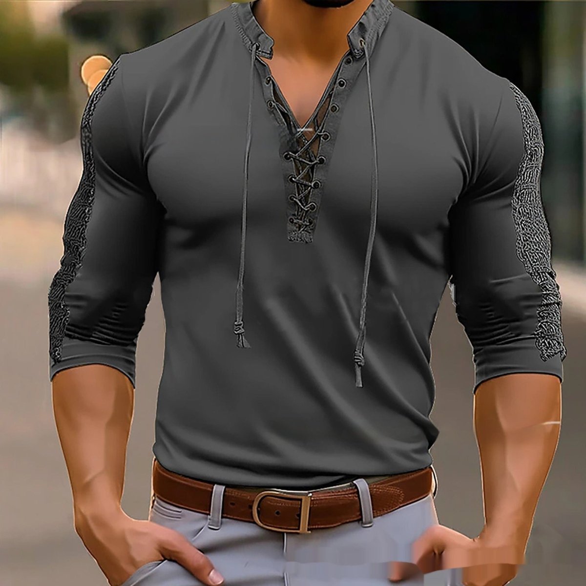 Exclusive Mesh Long-sleeved Solid Color Collar Top — Dark Gray — Size S — Front View