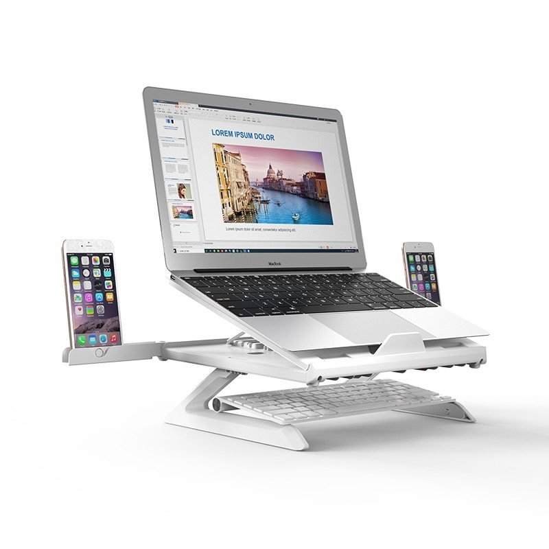 Exclusive Multifunctional folding lifting laptop stand — White — Side View