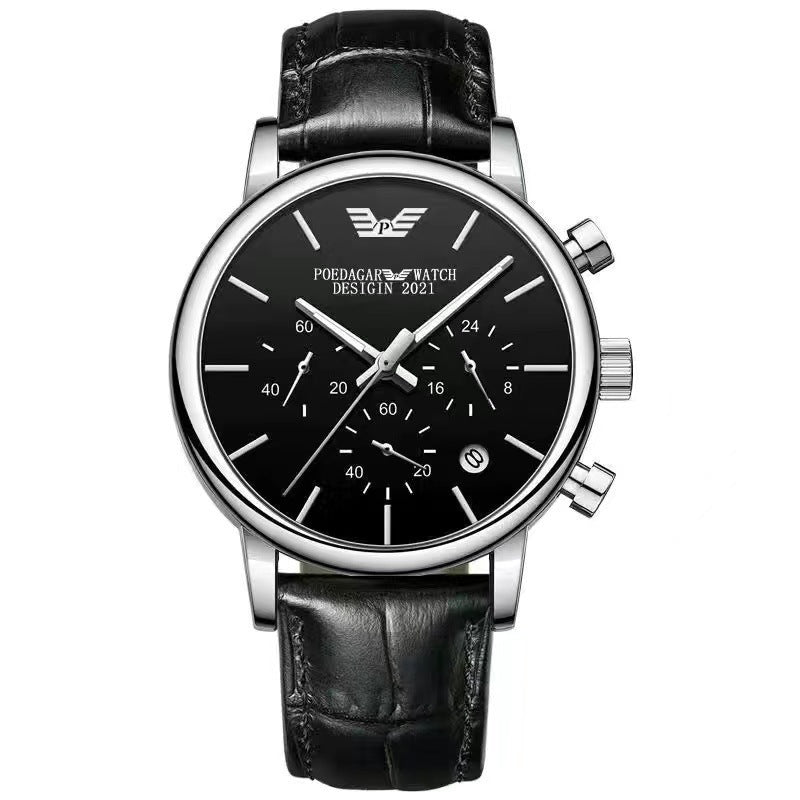 Exclusive Multifunctional Waterproof Luminous Men's Watch — Silver Case Black Steel — Detail View