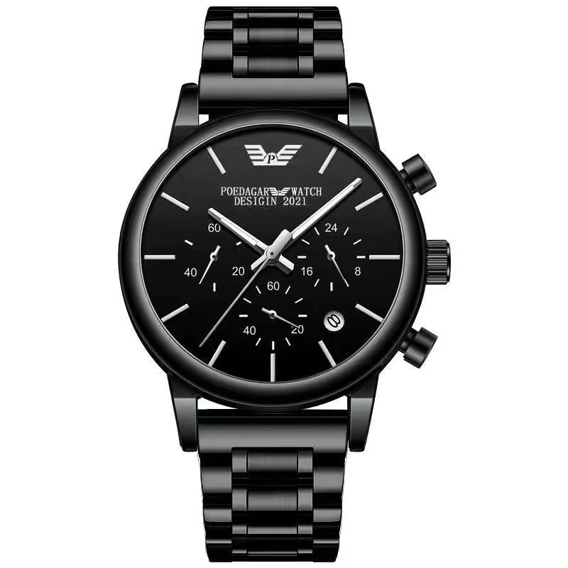 Exclusive Multifunctional Waterproof Luminous Men's Watch — Silver Case Black Steel — Top View