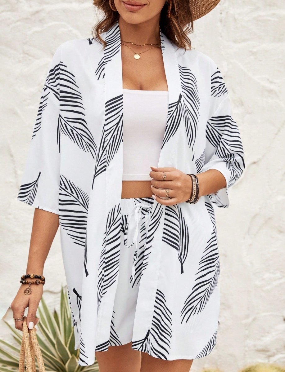 Exclusive Printed Casual Vacation Style Cardigan Shorts Suit — Black On White Background — Size S — Alternate View 11