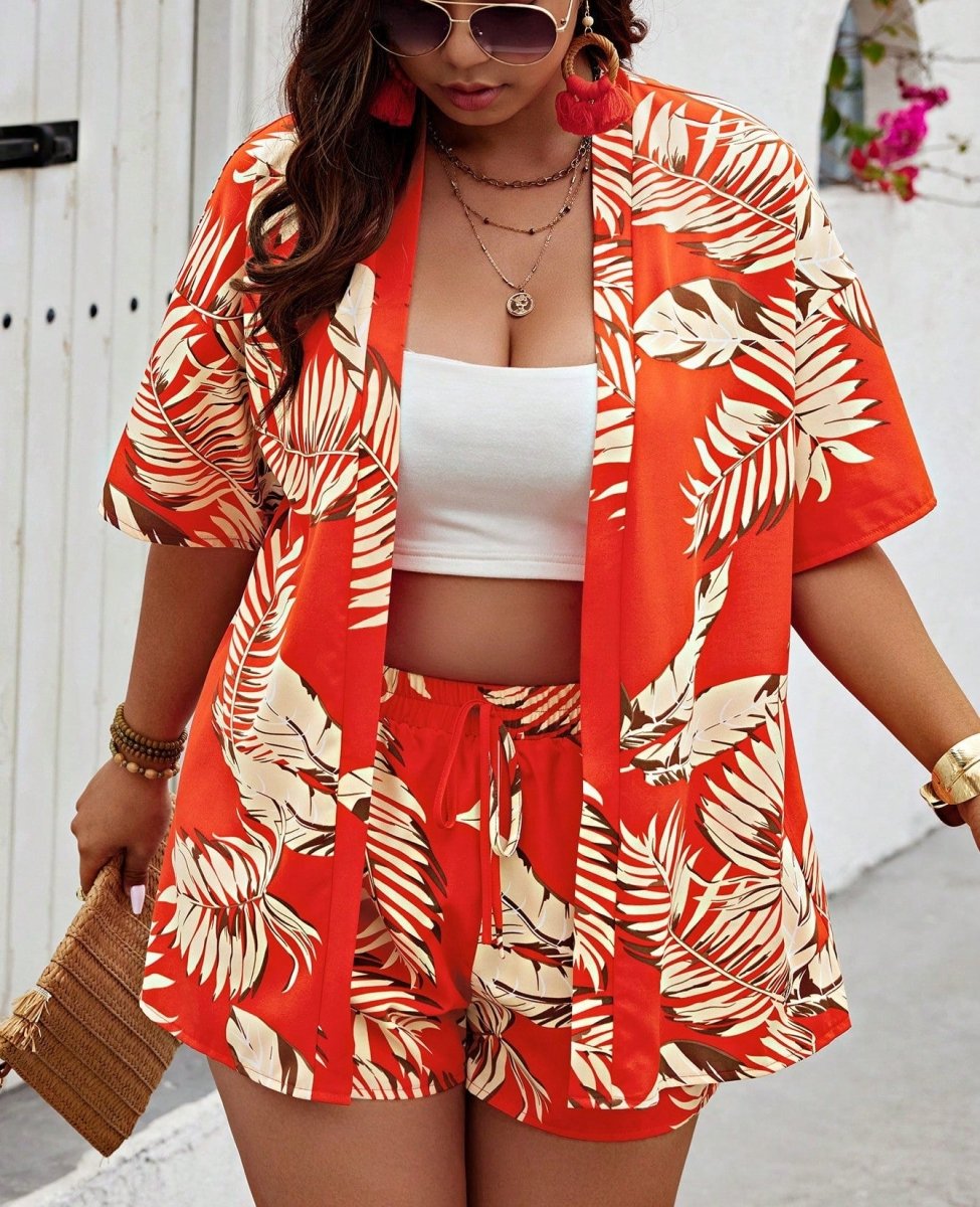 Exclusive Printed Casual Vacation Style Cardigan Shorts Suit — Black On White Background — Size S — Lifestyle View