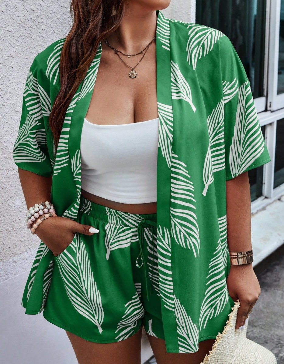 Exclusive Printed Casual Vacation Style Cardigan Shorts Suit — Black On White Background — Size S — Alternate View 8