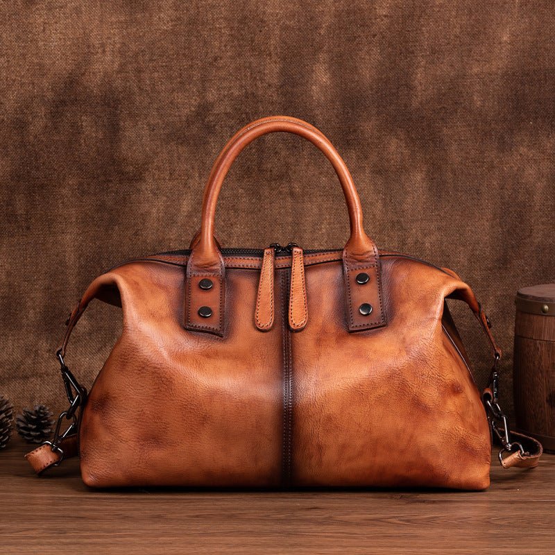 Exclusive Retro Cowhide Handbag | Vintage Leather Bag — Vintage coffee — Top View