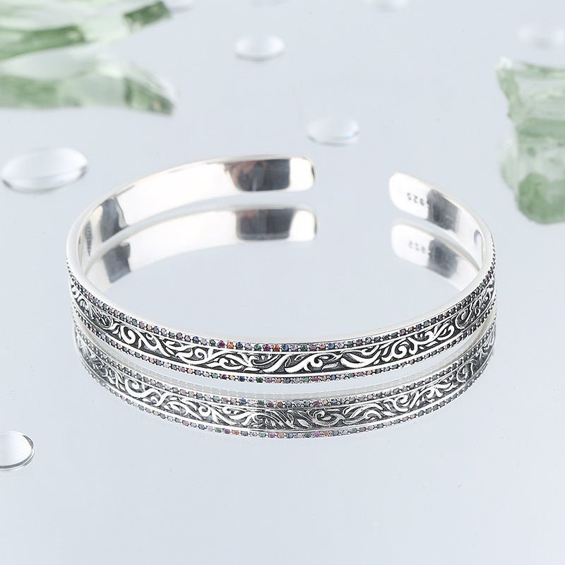 Exclusive Retro Tang Grass Rattan Carved Bracelet — Silver — Back View