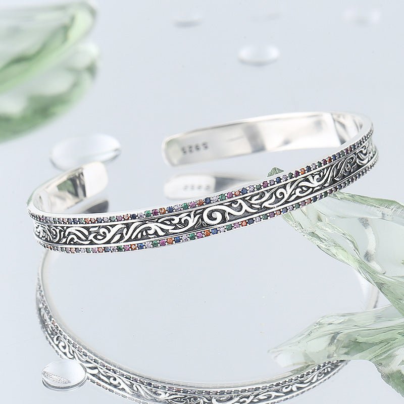 Exclusive Retro Tang Grass Rattan Carved Bracelet — Silver — Side View