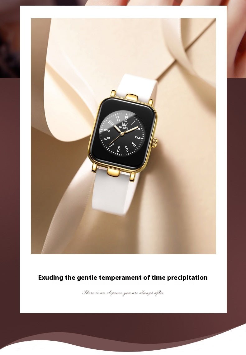 Exclusive Simple Trendy Silicone Band Quartz Watch For Women — Black Tape Gold Shell — Top View