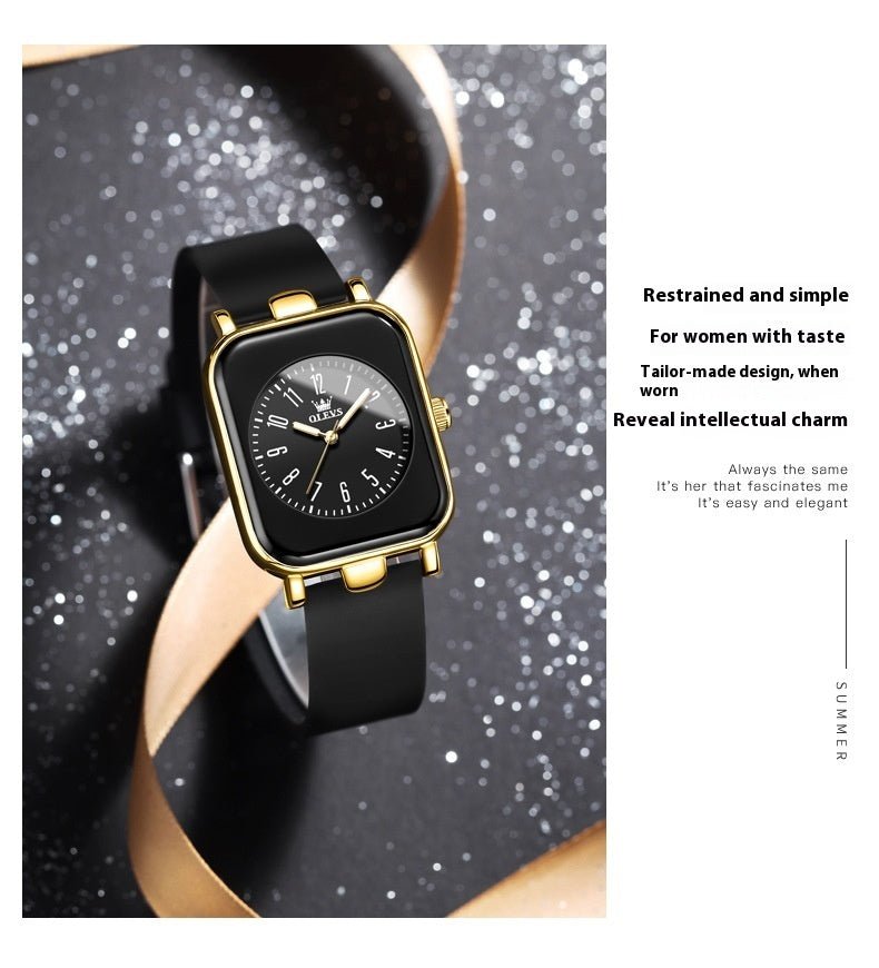 Exclusive Simple Trendy Silicone Band Quartz Watch For Women — Black Tape Gold Shell — Detail View