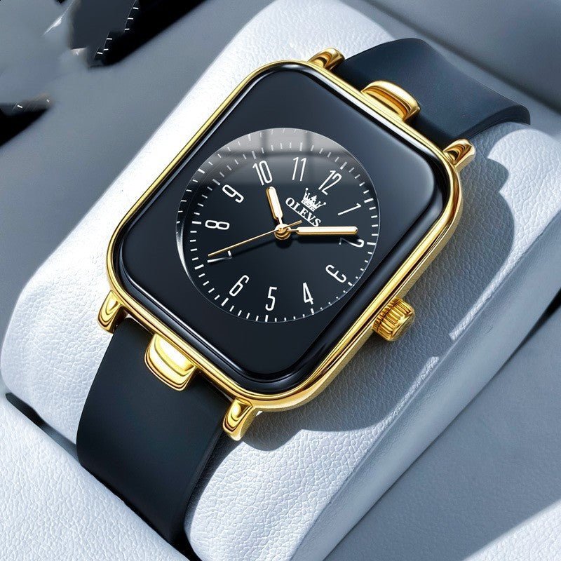 Exclusive Simple Trendy Silicone Band Quartz Watch For Women — Black Tape Gold Shell — Side View