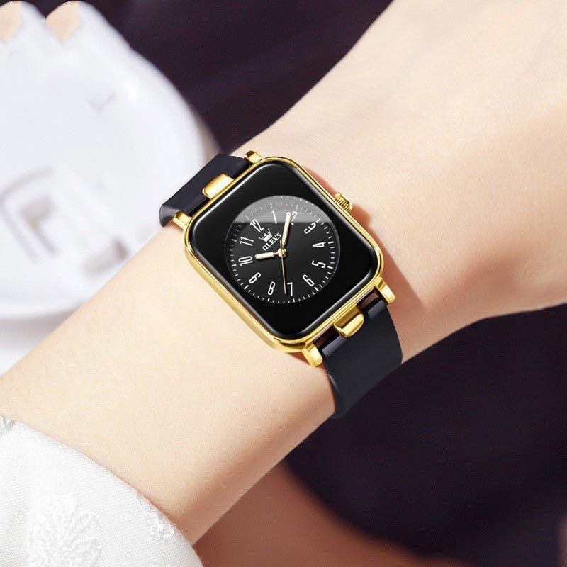 Exclusive Simple Trendy Silicone Band Quartz Watch For Women — Black Tape Gold Shell — Front View