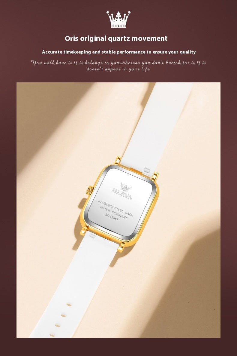 Exclusive Simple Trendy Silicone Band Quartz Watch For Women — Black Tape Gold Shell — Back View
