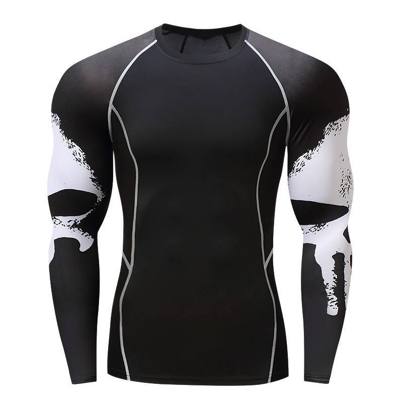 Exclusive Skull Print Long Sleeve Men's Workout Clothes — Black Skull — Size S — Front View