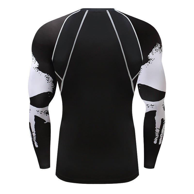 Exclusive Skull Print Long Sleeve Men's Workout Clothes — Black Skull — Size S — Detail View