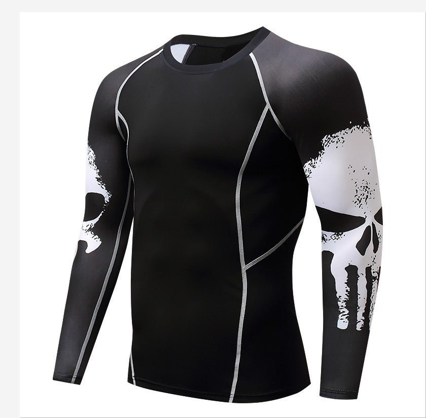 Exclusive Skull Print Long Sleeve Men's Workout Clothes — Black Skull — Size S — Back View