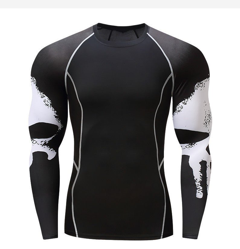 Exclusive Skull Print Long Sleeve Men's Workout Clothes — Black Skull — Size S — Top View