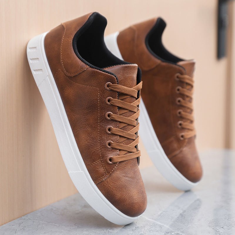 Exclusive Men's Casual PU Leather Shoes – Low-Top Flat Heel Everyday Sneakers — Dark Brown — Size 39 — Front View