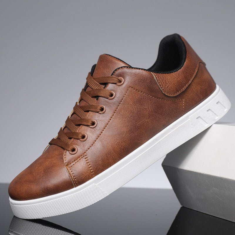 Exclusive Men's Casual PU Leather Shoes – Low-Top Flat Heel Everyday Sneakers — Dark Brown — Size 39 — Back View