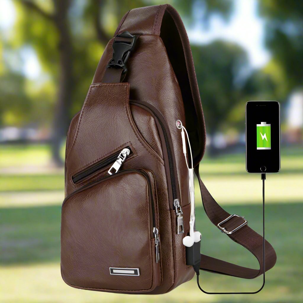 Exclusive USB Portable Charging Chest Bag — Light brown — Front View