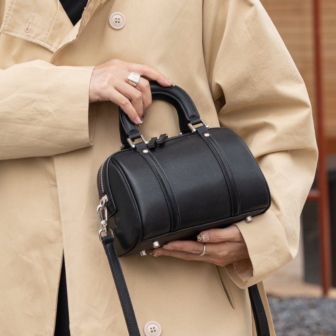 Exclusive Versatile Cylindrical Genuine Leather Portable Crossbody Bag — Black — Size 22X14X10cm — Front View