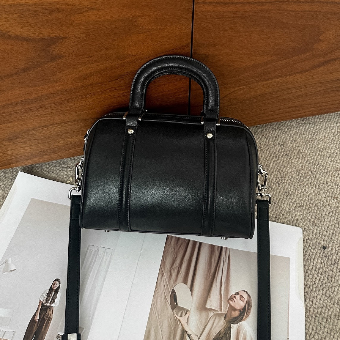Exclusive Versatile Cylindrical Genuine Leather Portable Crossbody Bag — Black — Size 22X14X10cm — Side View