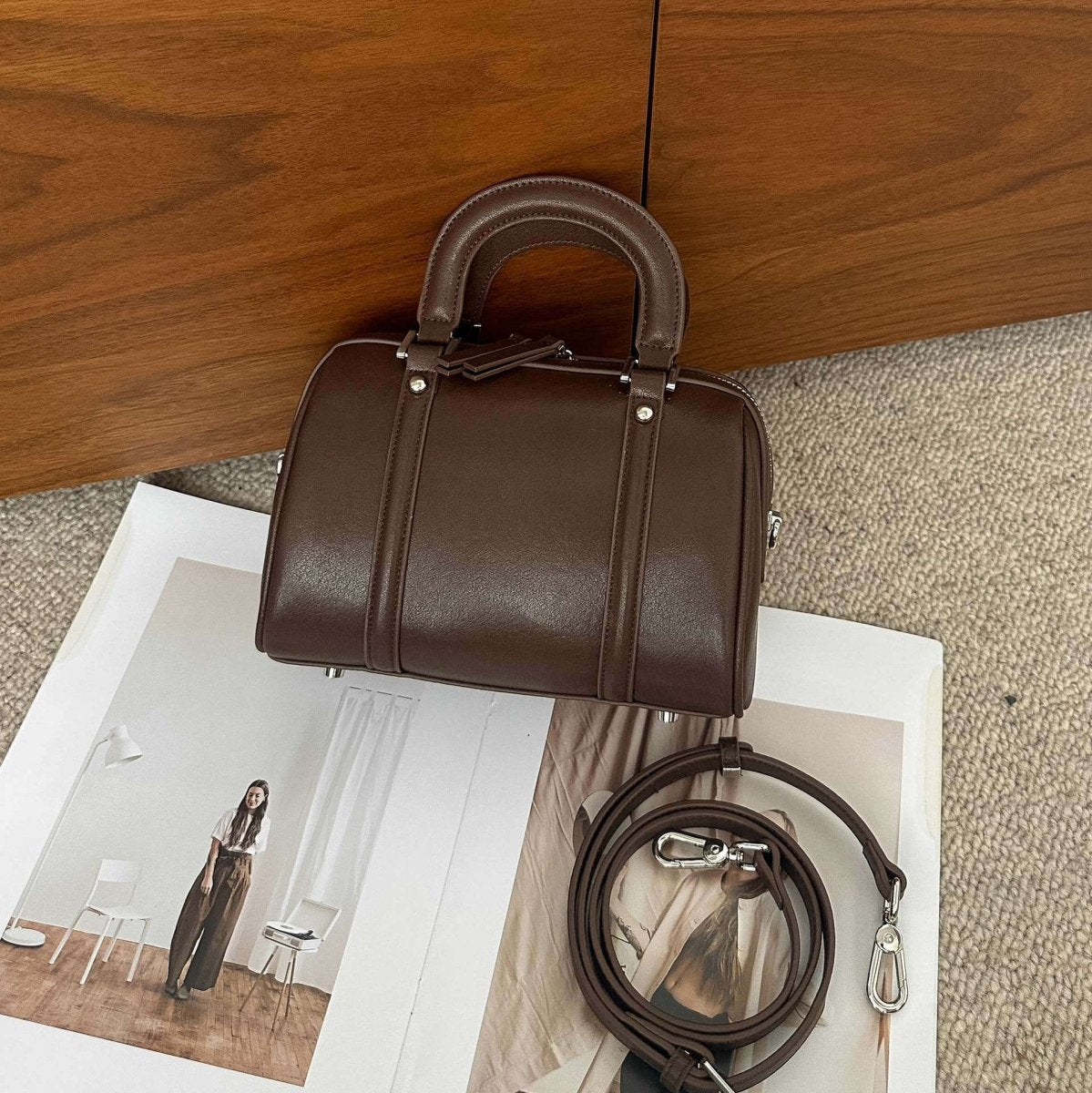 Exclusive Versatile Cylindrical Genuine Leather Portable Crossbody Bag — Black — Size 22X14X10cm — Top View