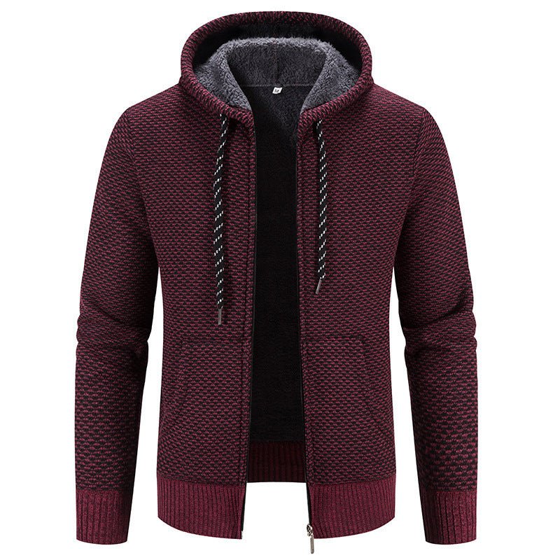 Exclusive Warm Casual Thicken Plush Sweater Coat — Wine Red — Size M — Side View