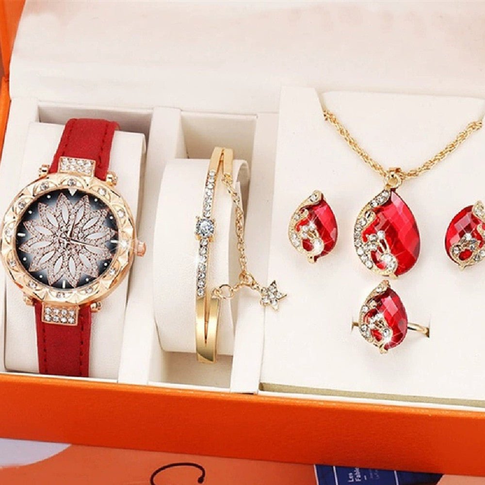 Exclusive Watch Bracelet Ring Necklace Earrings Combination Gift Box — Red Flower Disk Set — Back View