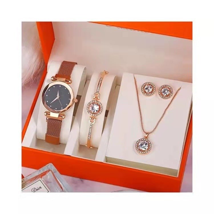 Exclusive Watch Bracelet Ring Necklace Earrings Combination Gift Box — Red Flower Disk Set — Lifestyle View