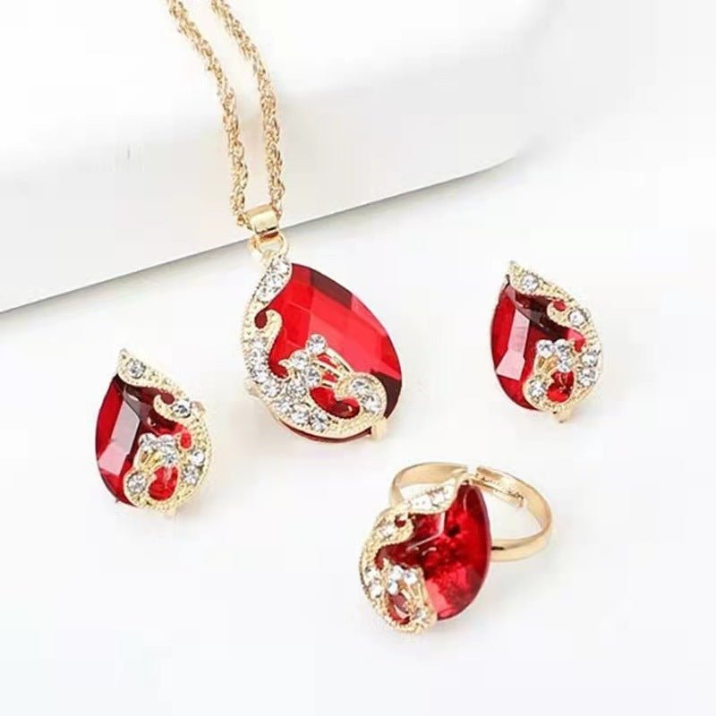Exclusive Watch Bracelet Ring Necklace Earrings Combination Gift Box — Red Flower Disk Set — Detail View