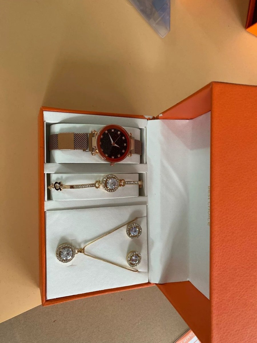 Exclusive Watch Bracelet Ring Necklace Earrings Combination Gift Box — Red Flower Disk Set — Alternate View 9