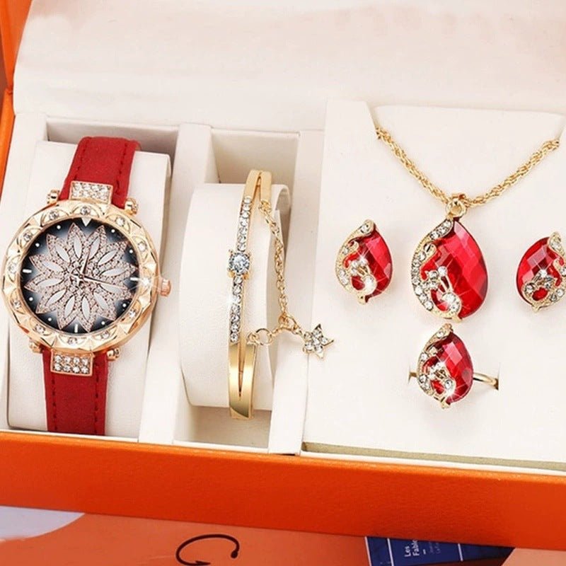 Exclusive Watch Bracelet Ring Necklace Earrings Combination Gift Box — Red Flower Disk Set — Top View