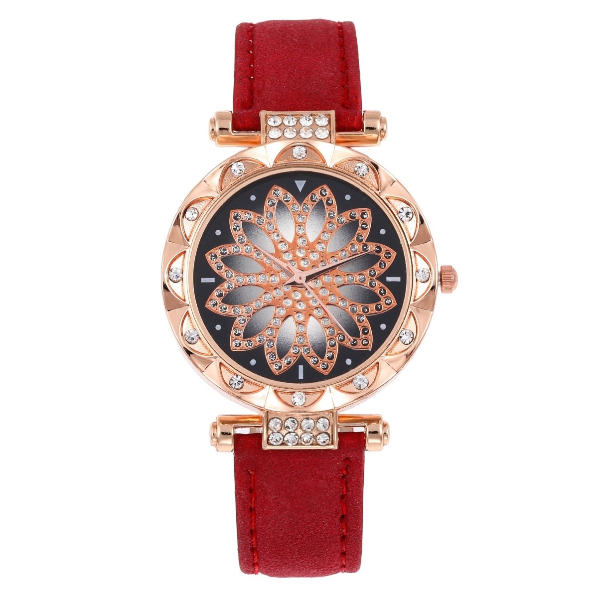 Exclusive Watch Bracelet Ring Necklace Earrings Combination Gift Box — Red Flower Disk Set — Side View