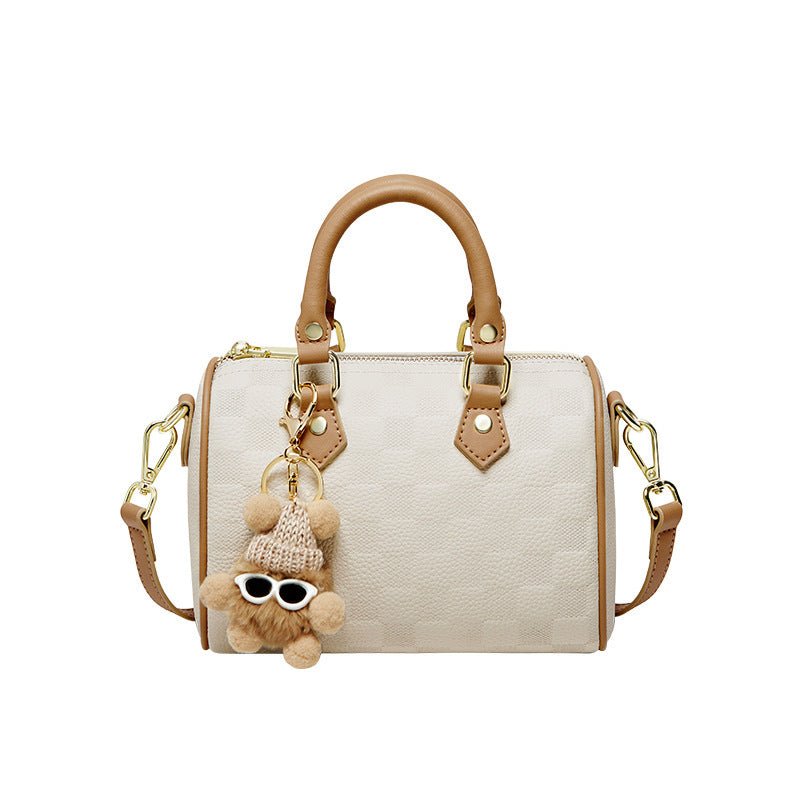 Exclusive White Boston Pillow Bag — Beige And Apricot — Size 20x12x14.5CM — Detail View