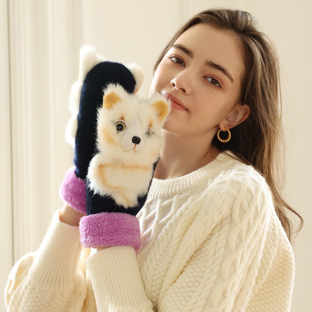 Exclusive Winter Women's Plush Cartoon Animal Gloves — Black Panda — Size Adult Gloves — Front View