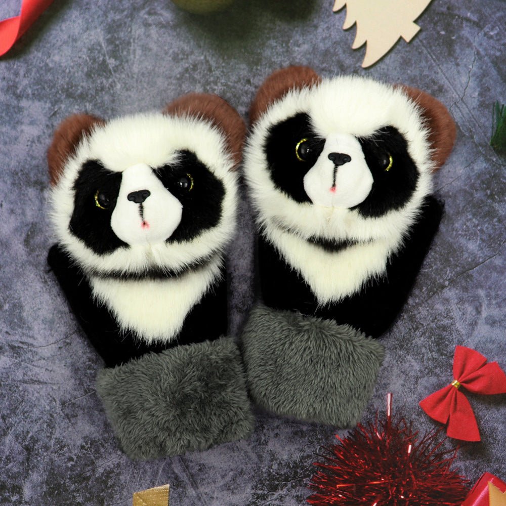 Exclusive Winter Women's Plush Cartoon Animal Gloves — Black Panda — Size Adult Gloves — Lifestyle View