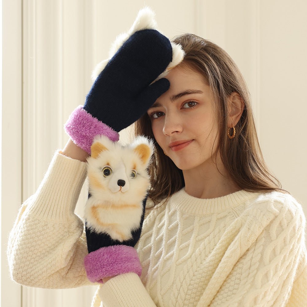 Exclusive Winter Women's Plush Cartoon Animal Gloves — Black Panda — Size Adult Gloves — Side View