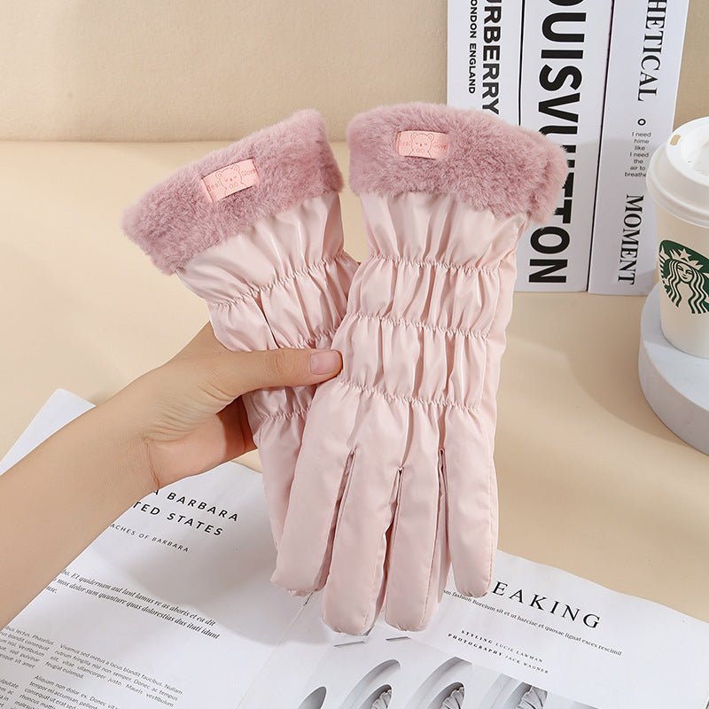 Exclusive Winter Women's Touch Screen Fleece-lined Thickened Warm Gloves — Fur Mouth Bear Beige — Back View