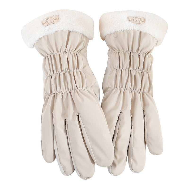 Exclusive Winter Women's Touch Screen Fleece-lined Thickened Warm Gloves — Fur Mouth Bear Beige — Detail View
