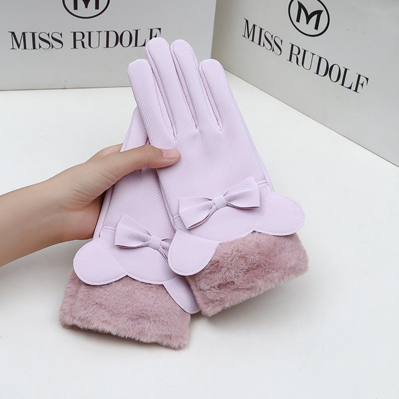 Exclusive Winter Women's Touch Screen Fleece-lined Thickened Warm Gloves — Fur Mouth Bear Beige — Alternate View 17