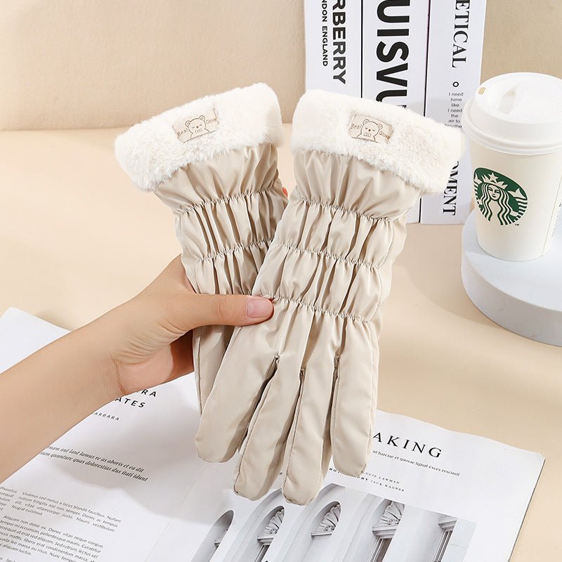 Exclusive Winter Women's Touch Screen Fleece-lined Thickened Warm Gloves — Fur Mouth Bear Beige — Top View